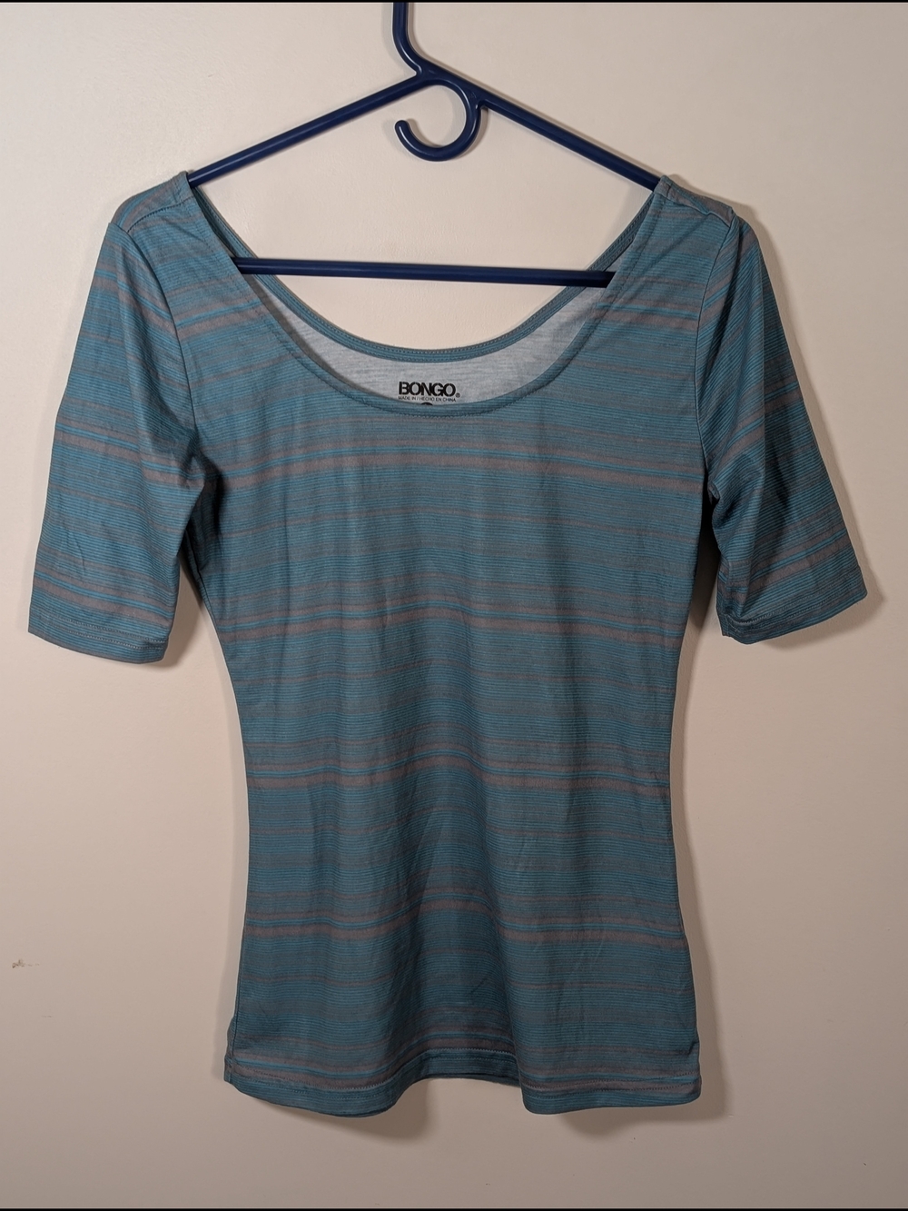 Bongo Striped Teal Knit Polyester Spandex Stretch Scoop Neck 3/4 Sleeve Top M
